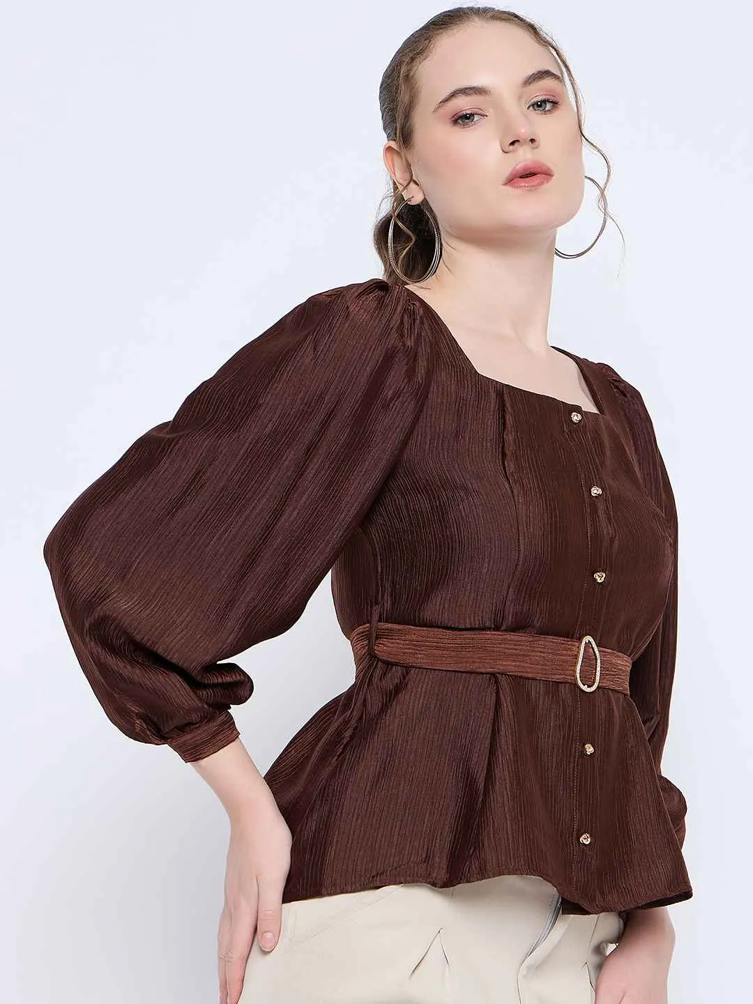 Madame Brown Rayon Blend Square Neck Belted Button Front Top