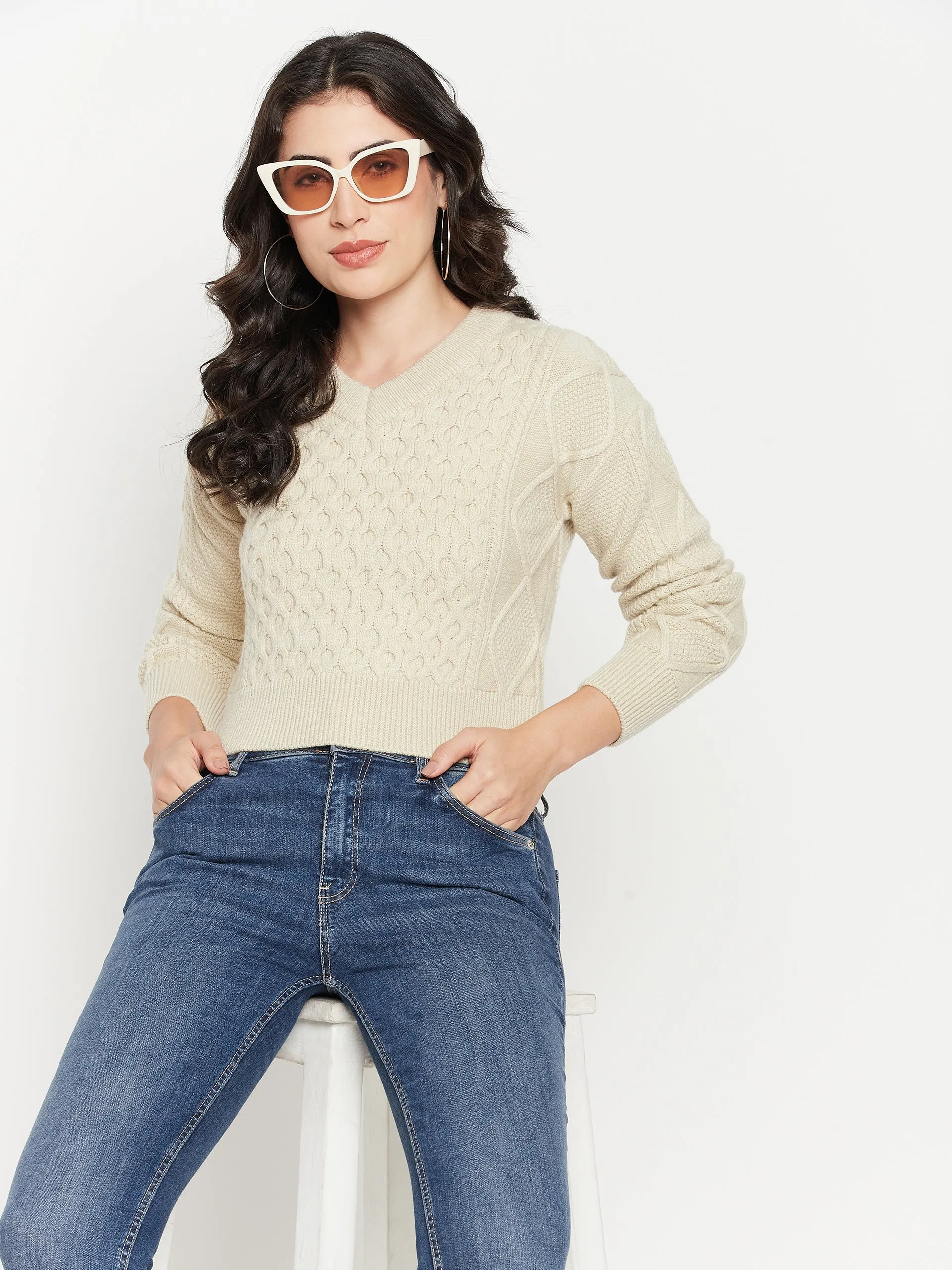 Madame Cable Knit Beige Crop Sweater
