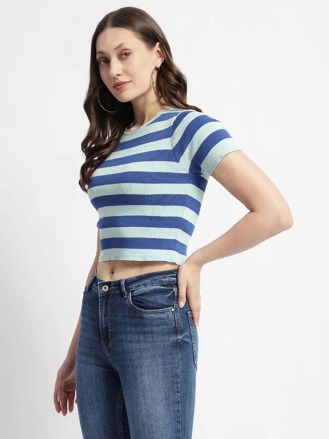 Madame Crew Neck Blue Striped Half Sleeve Crop Top