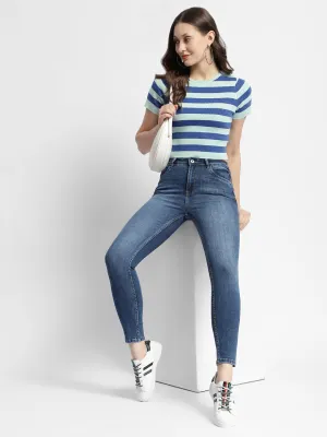 Madame Crew Neck Blue Striped Half Sleeve Crop Top