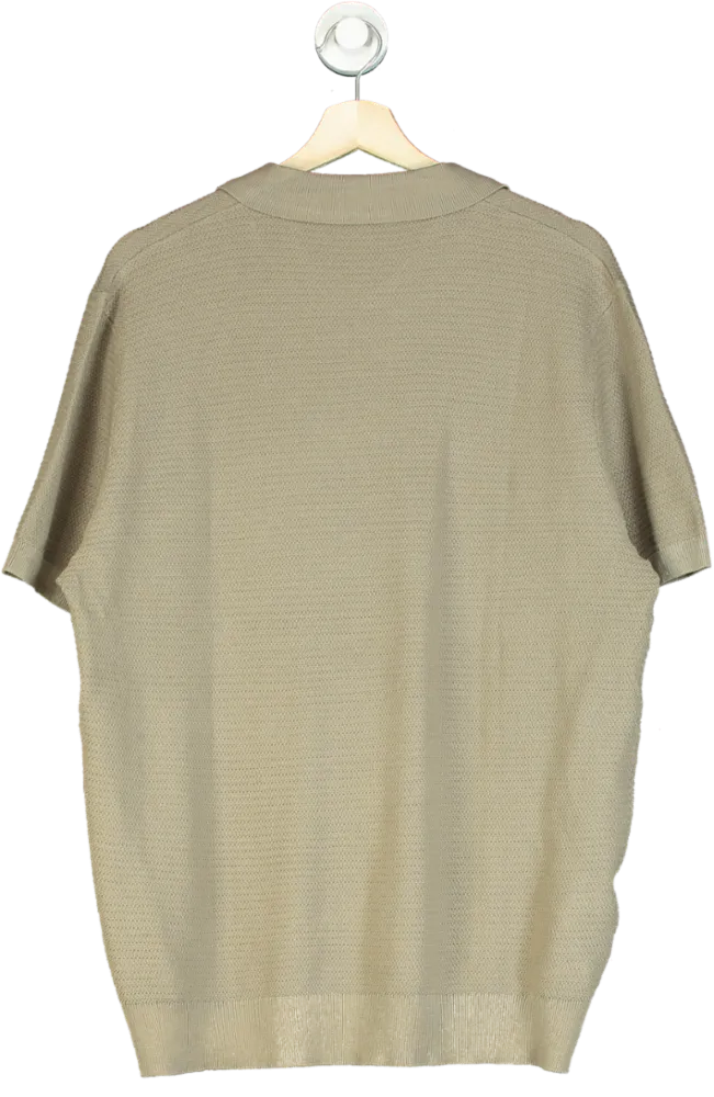 MANGO Green Cotton Polo Shirt With Braided Knit UK XL