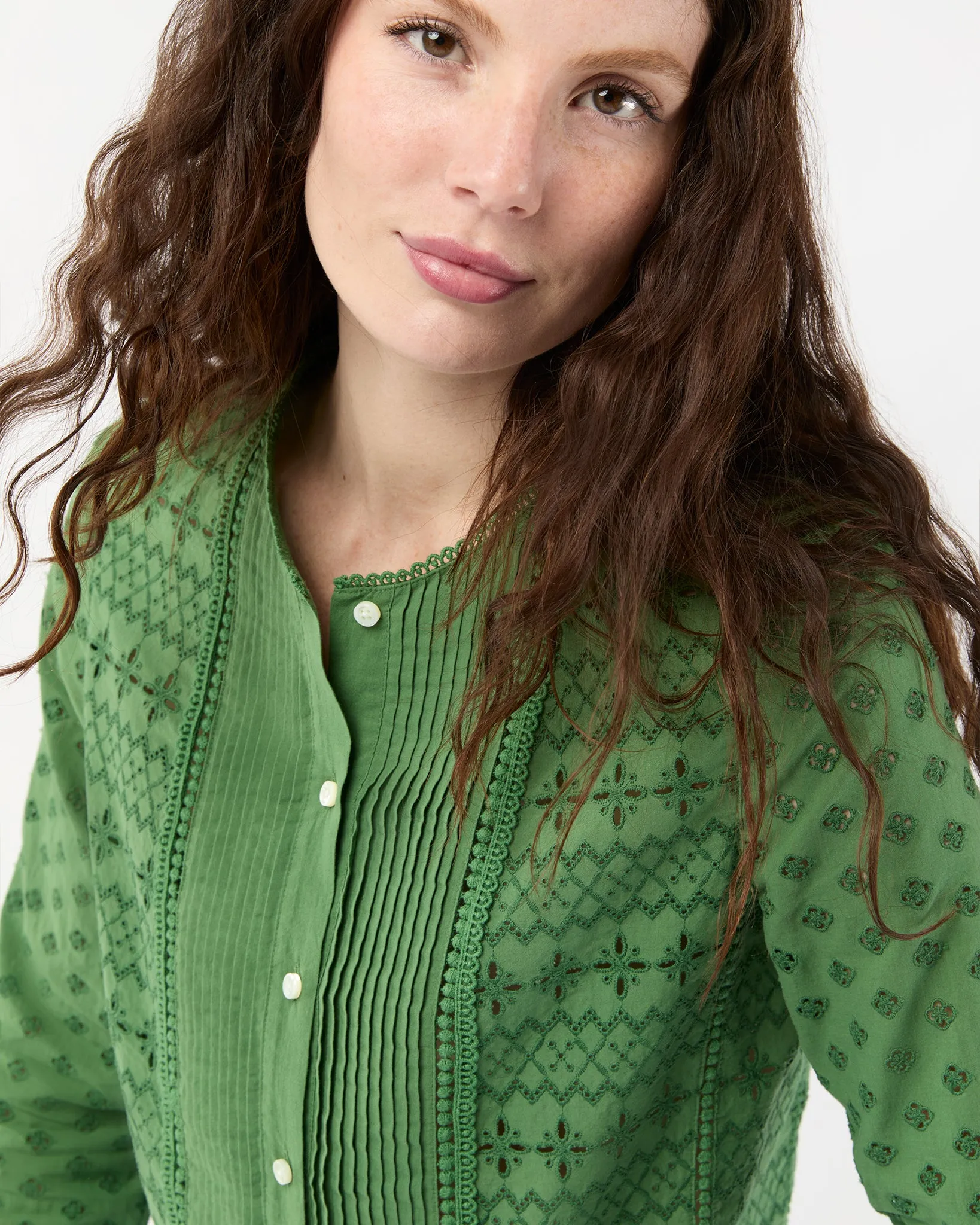 Marianne Top in Green Eyelet Patchwork