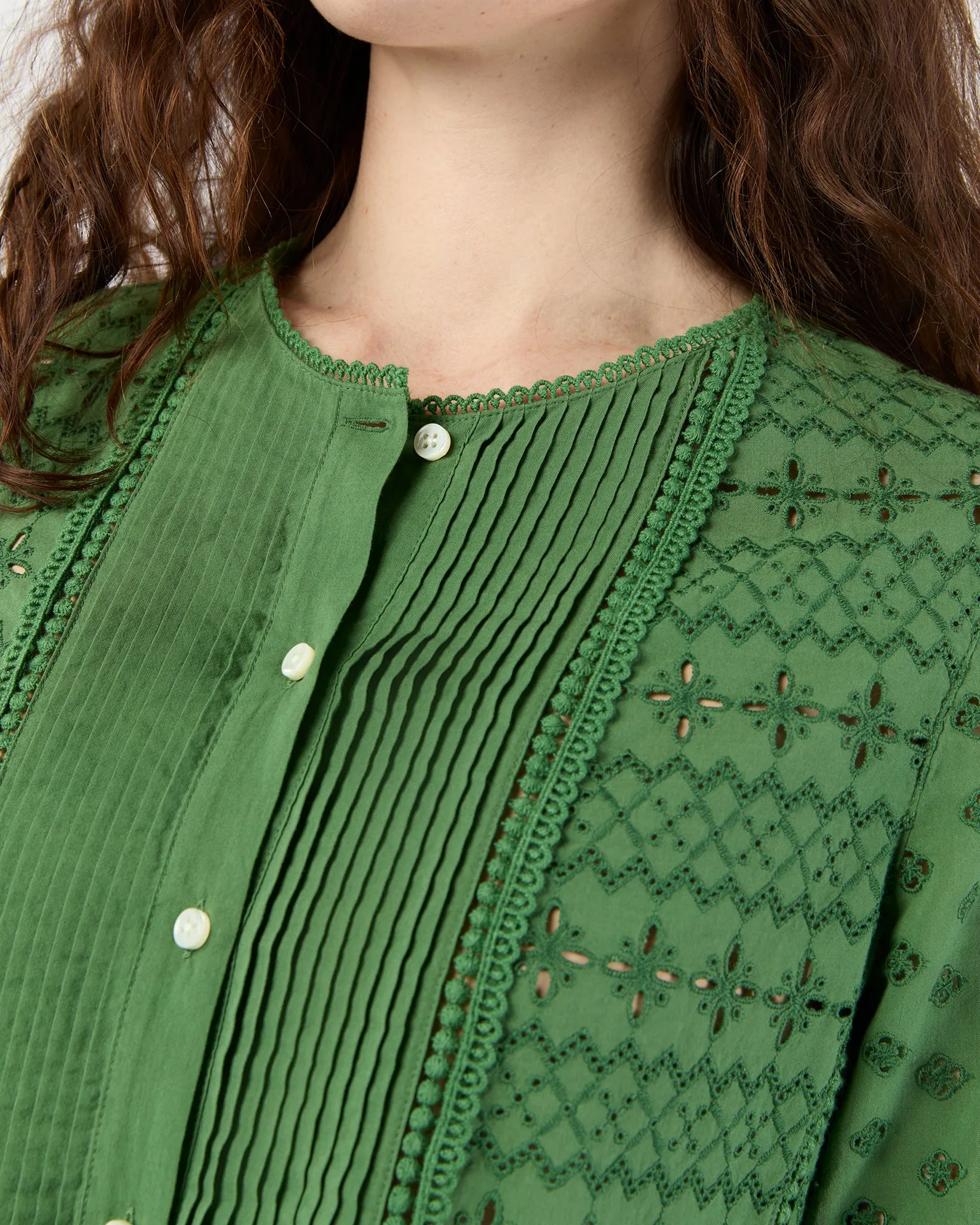 Marianne Top in Green Eyelet Patchwork
