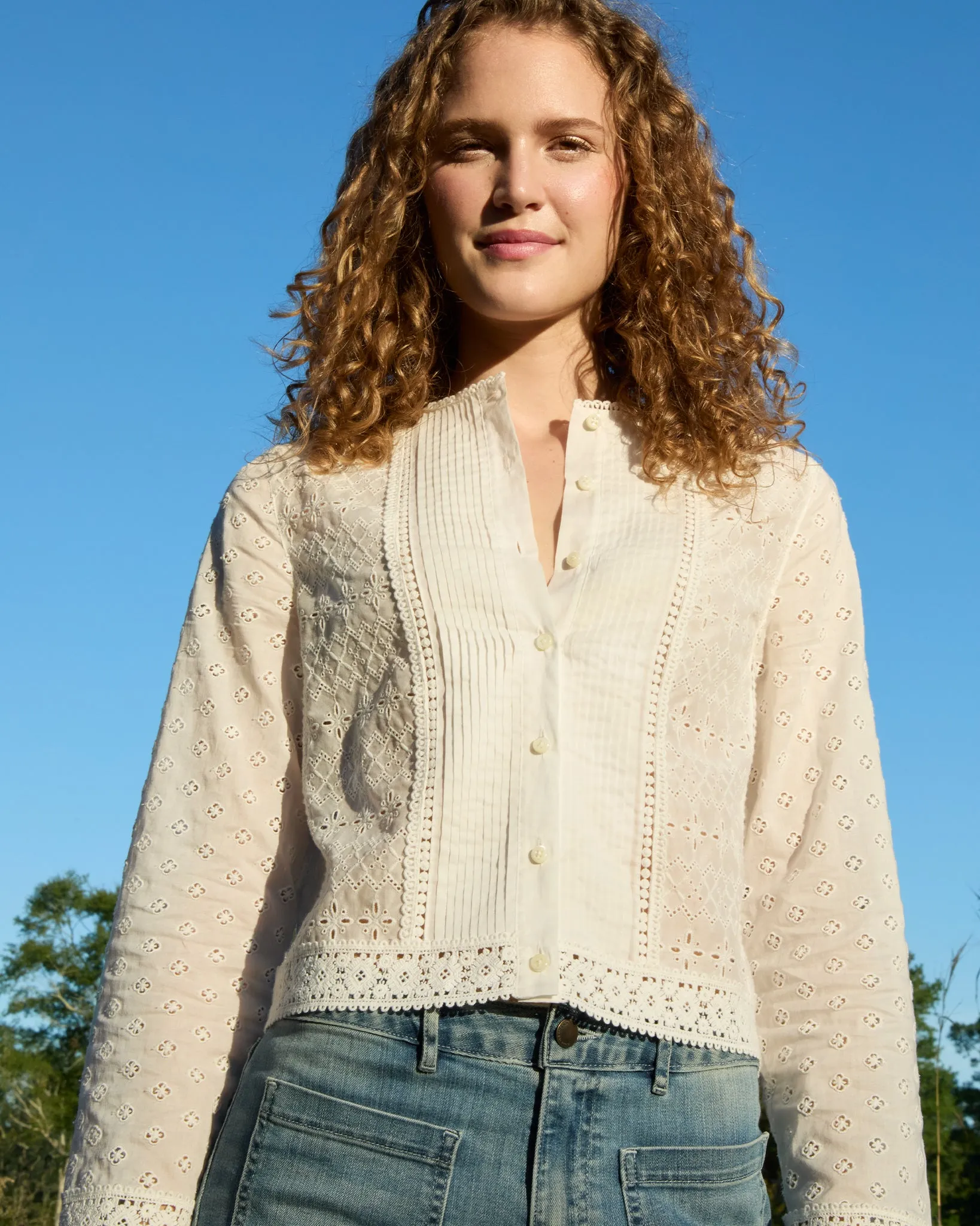 Marianne Top in White Eyelet Patchwork