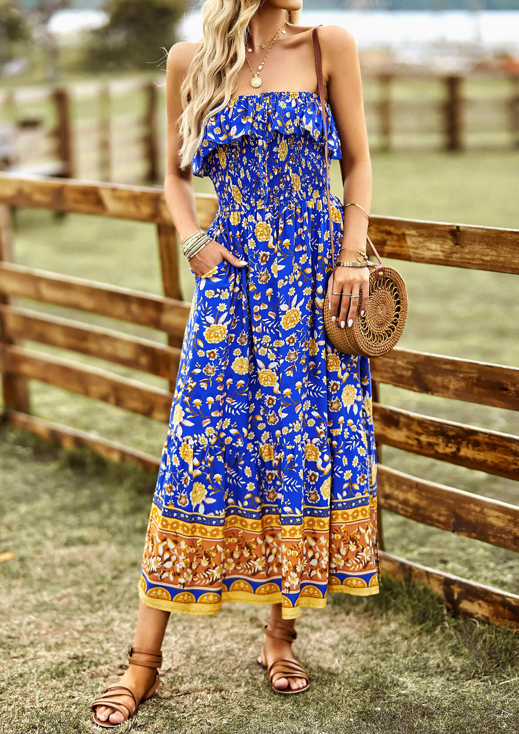 Marisa Floral Off The Shoulder Maxi Dress - Blue