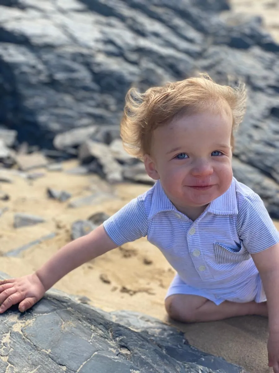 Me & Henry Grey & White Micro Stripe Saltash Polo Romper
