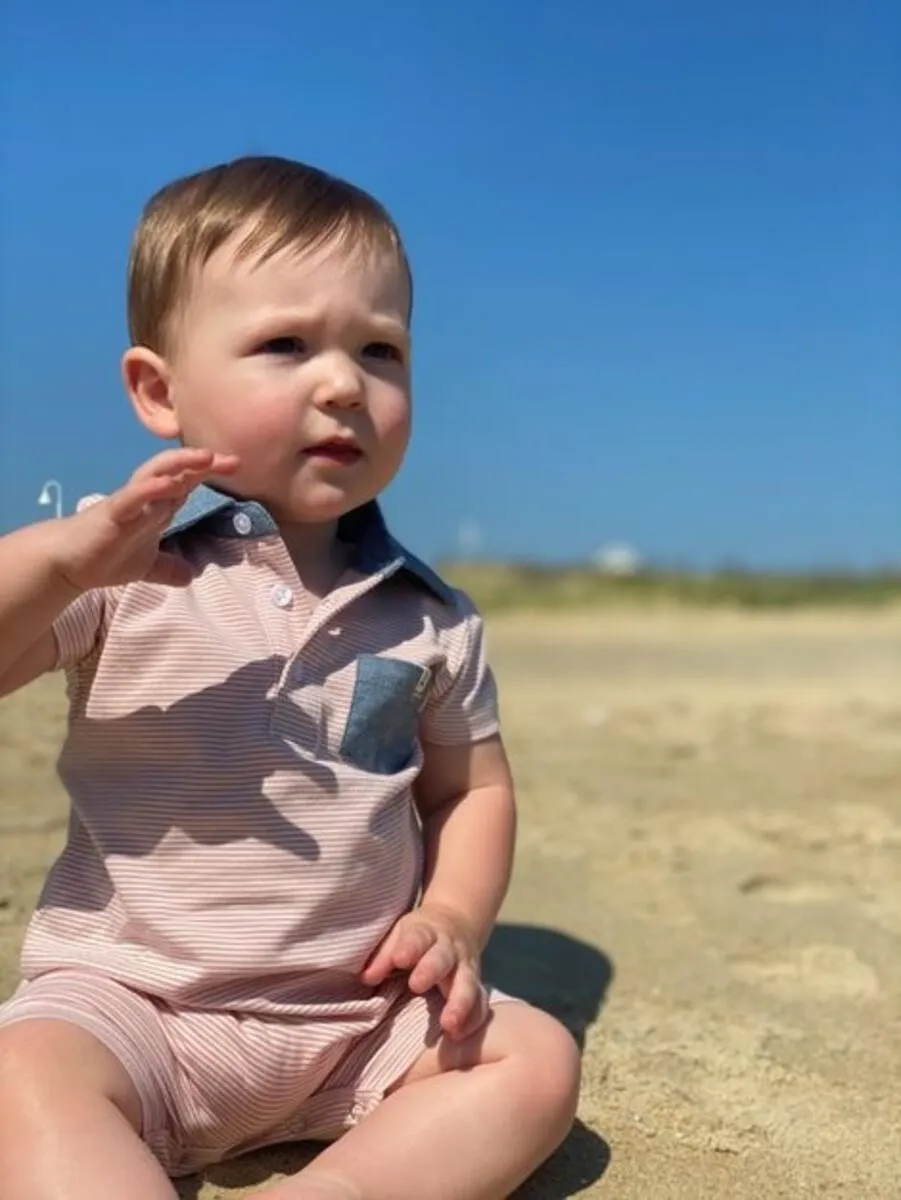 Me & Henry Saltash Polo Romper in Pink & White Stripe