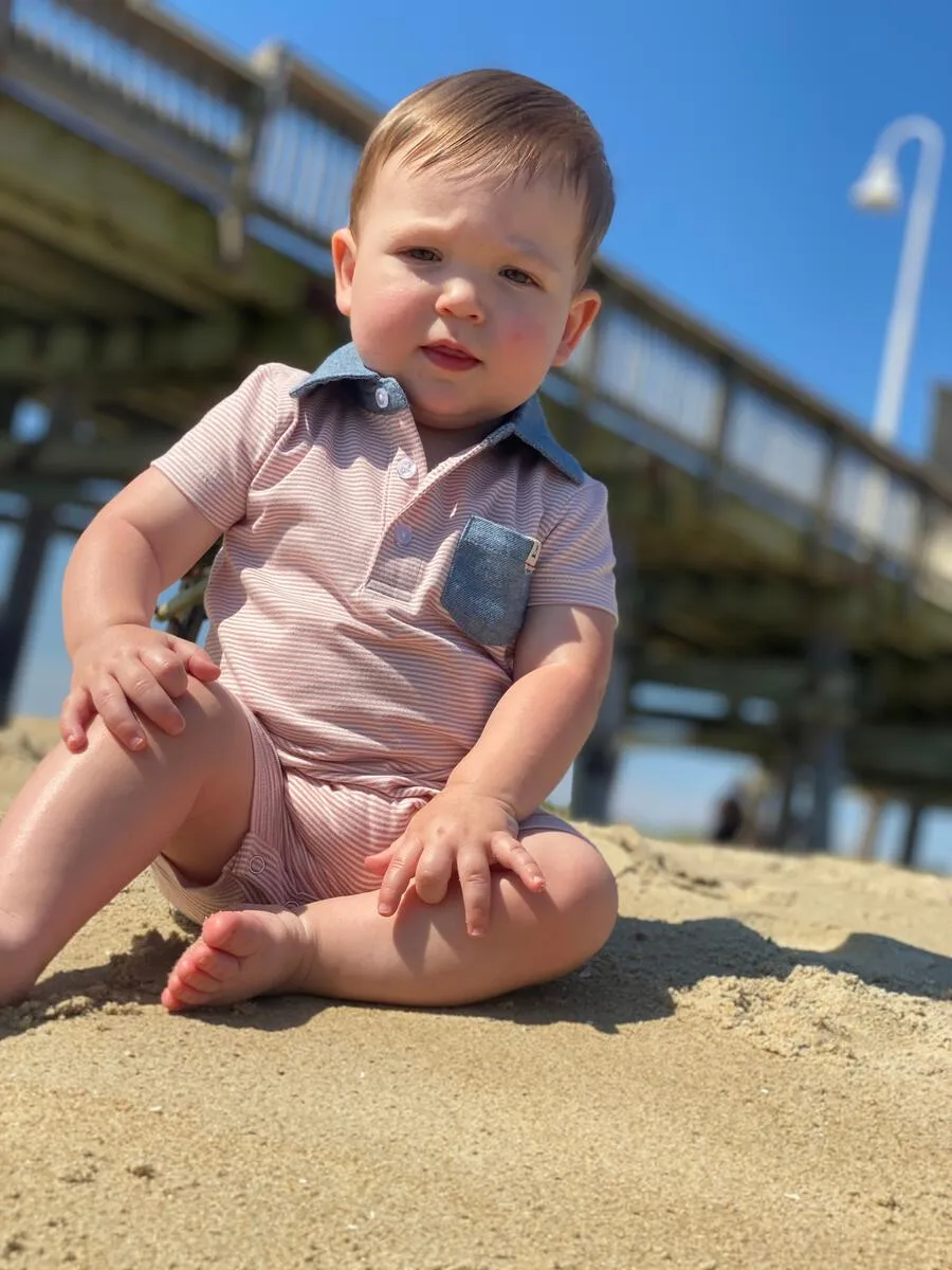Me & Henry Saltash Polo Romper in Pink & White Stripe
