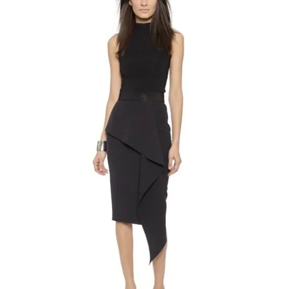 Milly Sz 2 Black Cascade Ruffle ITALIAN Cady Sheath Stretch Pencil Skirt USA