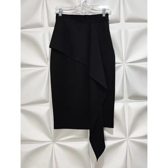 Milly Sz 2 Black Cascade Ruffle ITALIAN Cady Sheath Stretch Pencil Skirt USA
