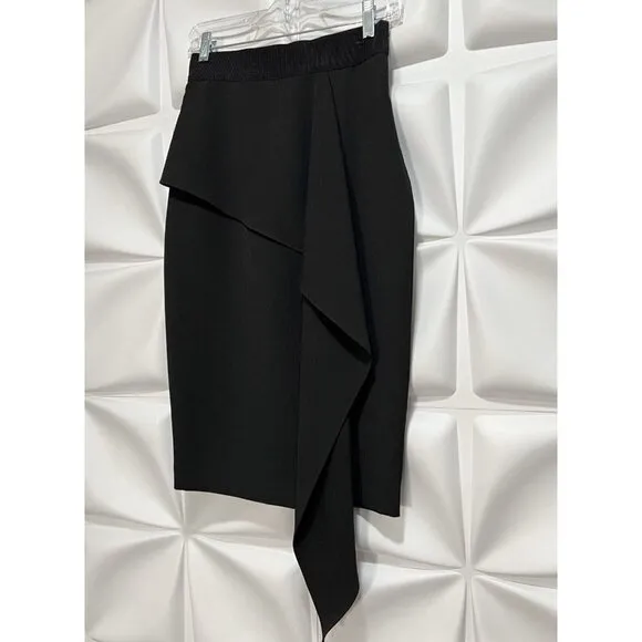 Milly Sz 2 Black Cascade Ruffle ITALIAN Cady Sheath Stretch Pencil Skirt USA