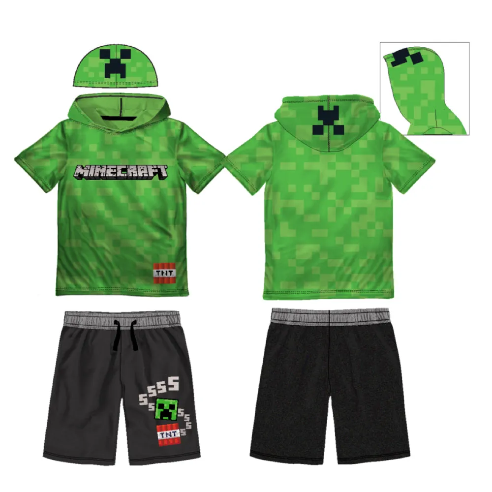 Minecraft Boys Cosplay Hooded Short Sleeve T-Shirt and Short Set 2pc Green