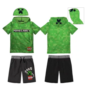 Minecraft Boys Cosplay Hooded Short Sleeve T-Shirt and Short Set 2pc Green