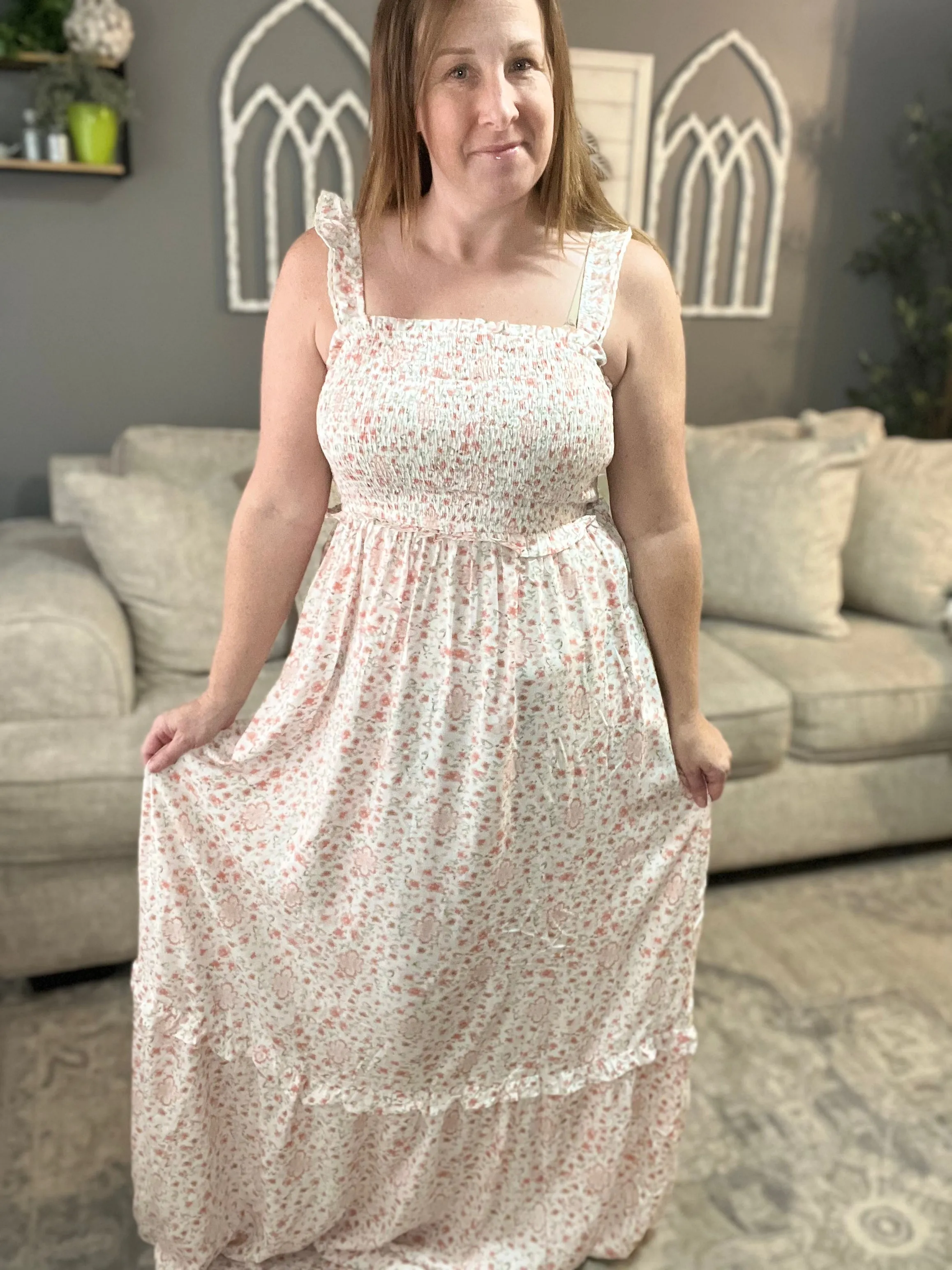Mizty White Lace Smocked Maxi Dress