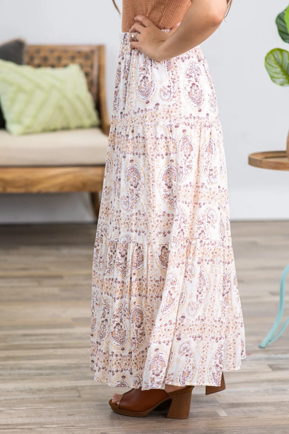 Mocha Paisley Print Maxi Skirt