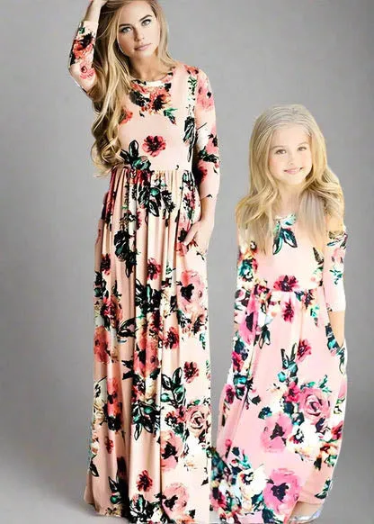 Mommy and Me Matching Floral Long-Sleeve Maxi Dresses with Pockets