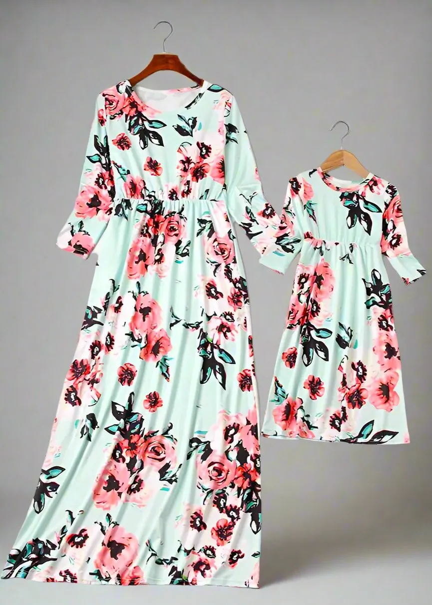 Mommy and Me Matching Floral Long-Sleeve Maxi Dresses with Pockets