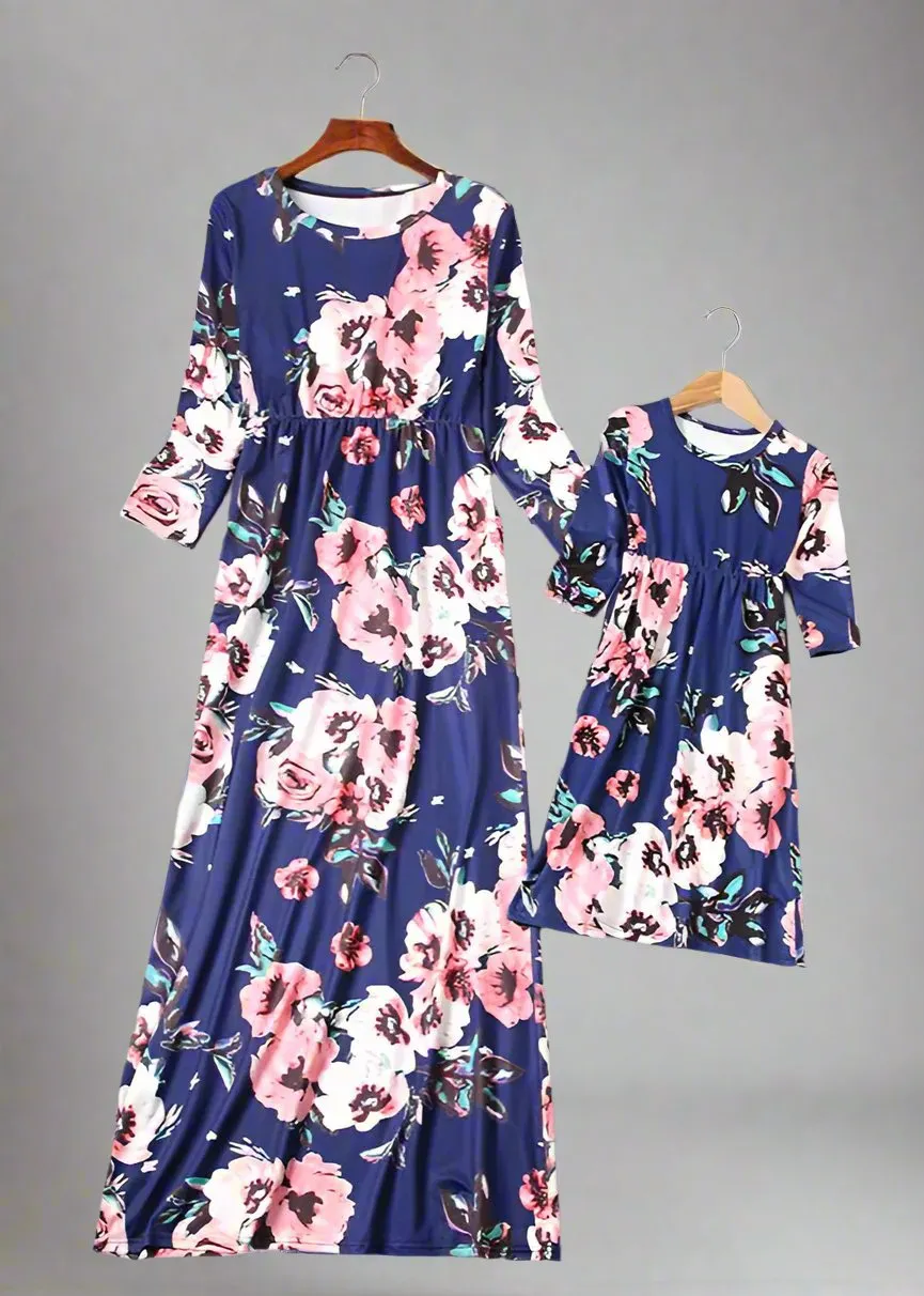 Mommy and Me Matching Floral Long-Sleeve Maxi Dresses with Pockets