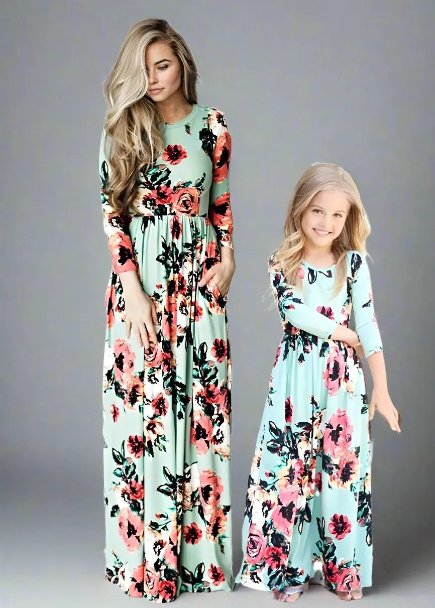 Mommy and Me Matching Floral Long-Sleeve Maxi Dresses with Pockets