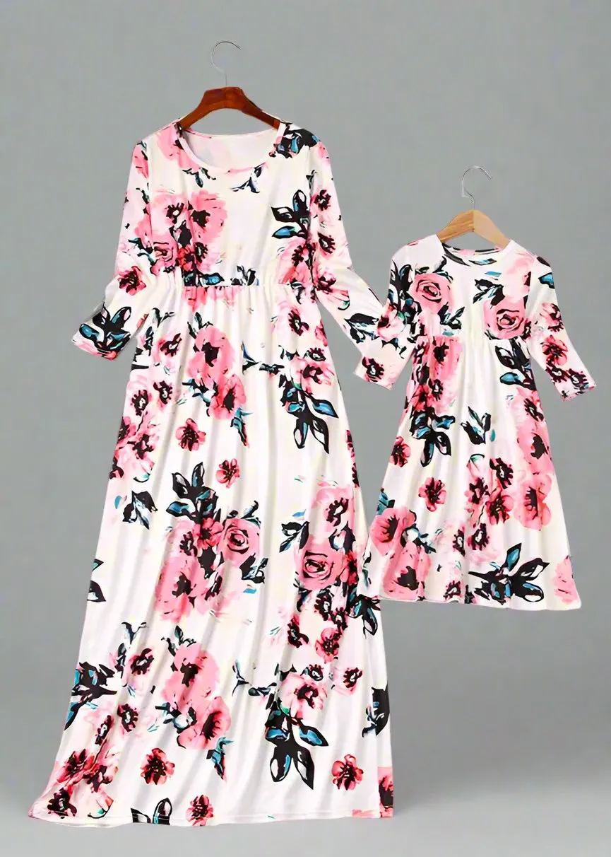 Mommy and Me Matching Floral Long-Sleeve Maxi Dresses with Pockets