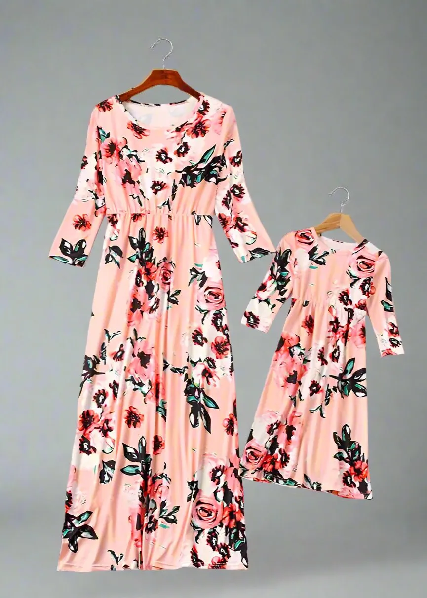 Mommy and Me Matching Floral Long-Sleeve Maxi Dresses with Pockets