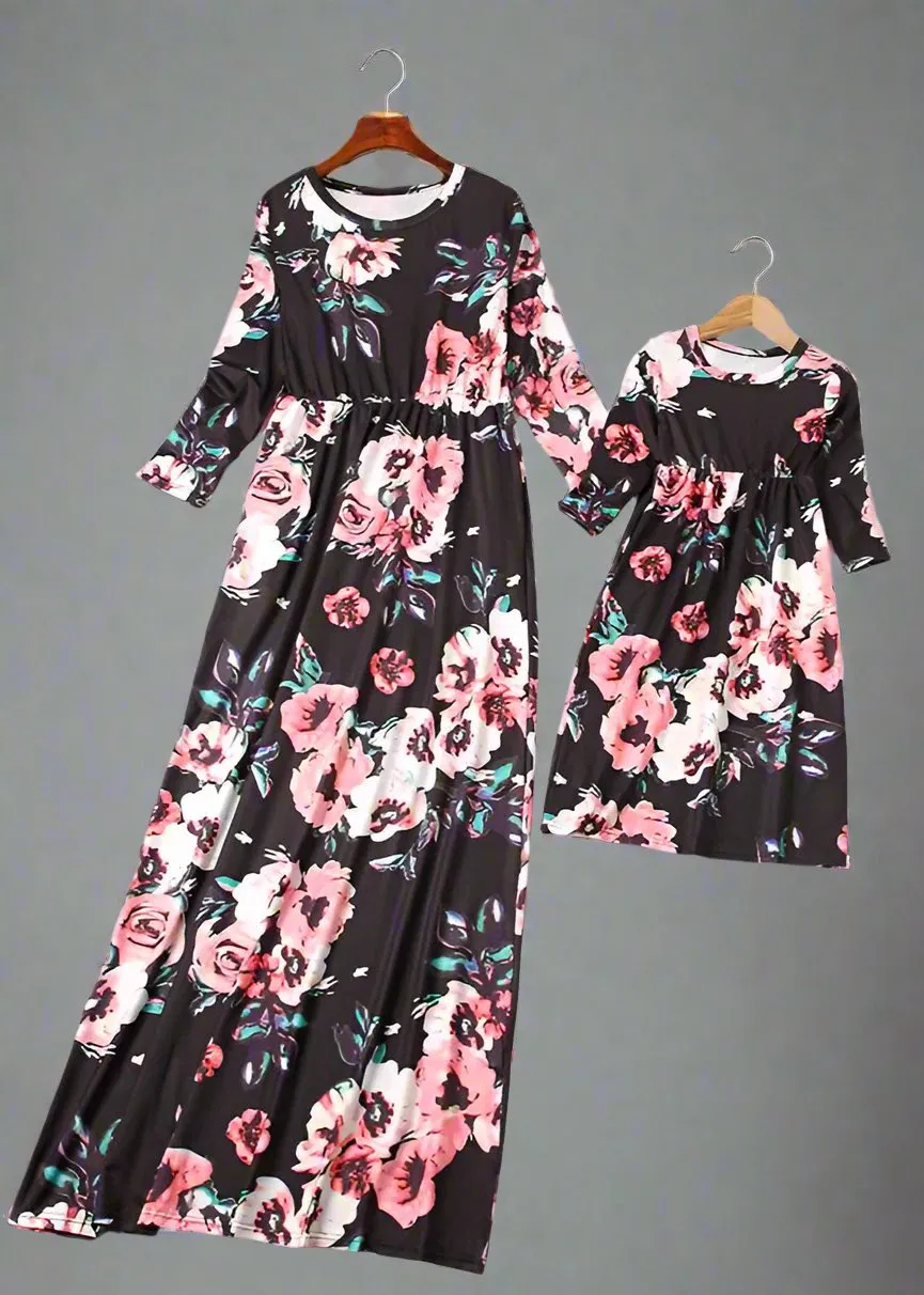 Mommy and Me Matching Floral Long-Sleeve Maxi Dresses with Pockets