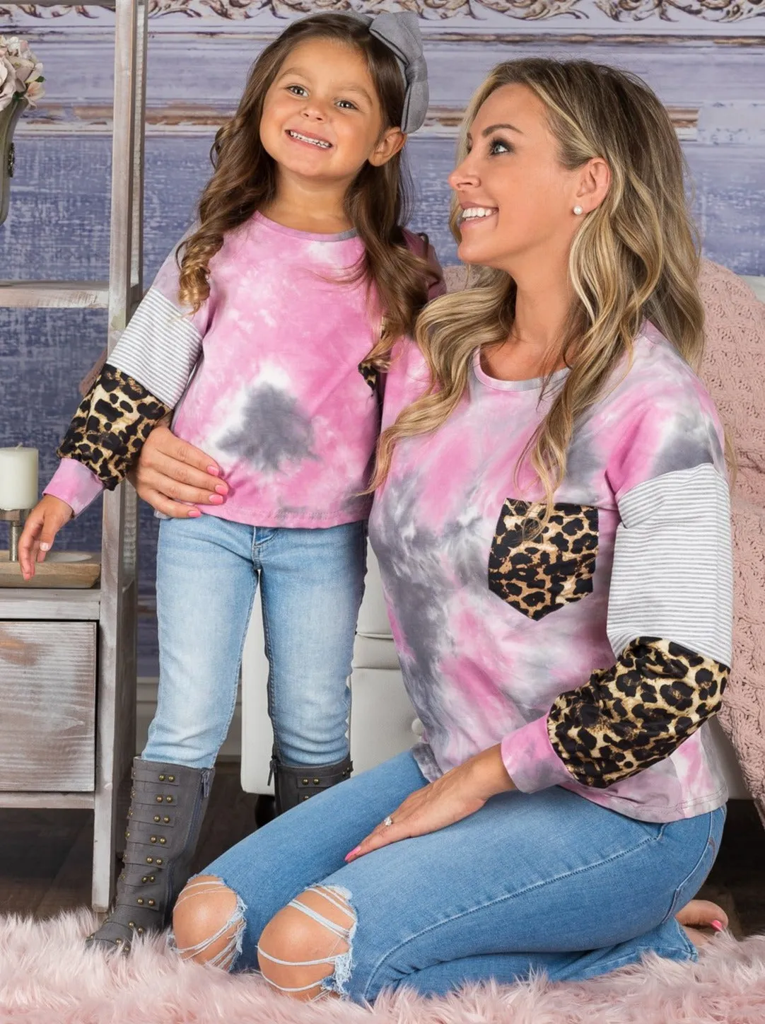 Mommy and Me Tie Dye Leopard Pocket Top