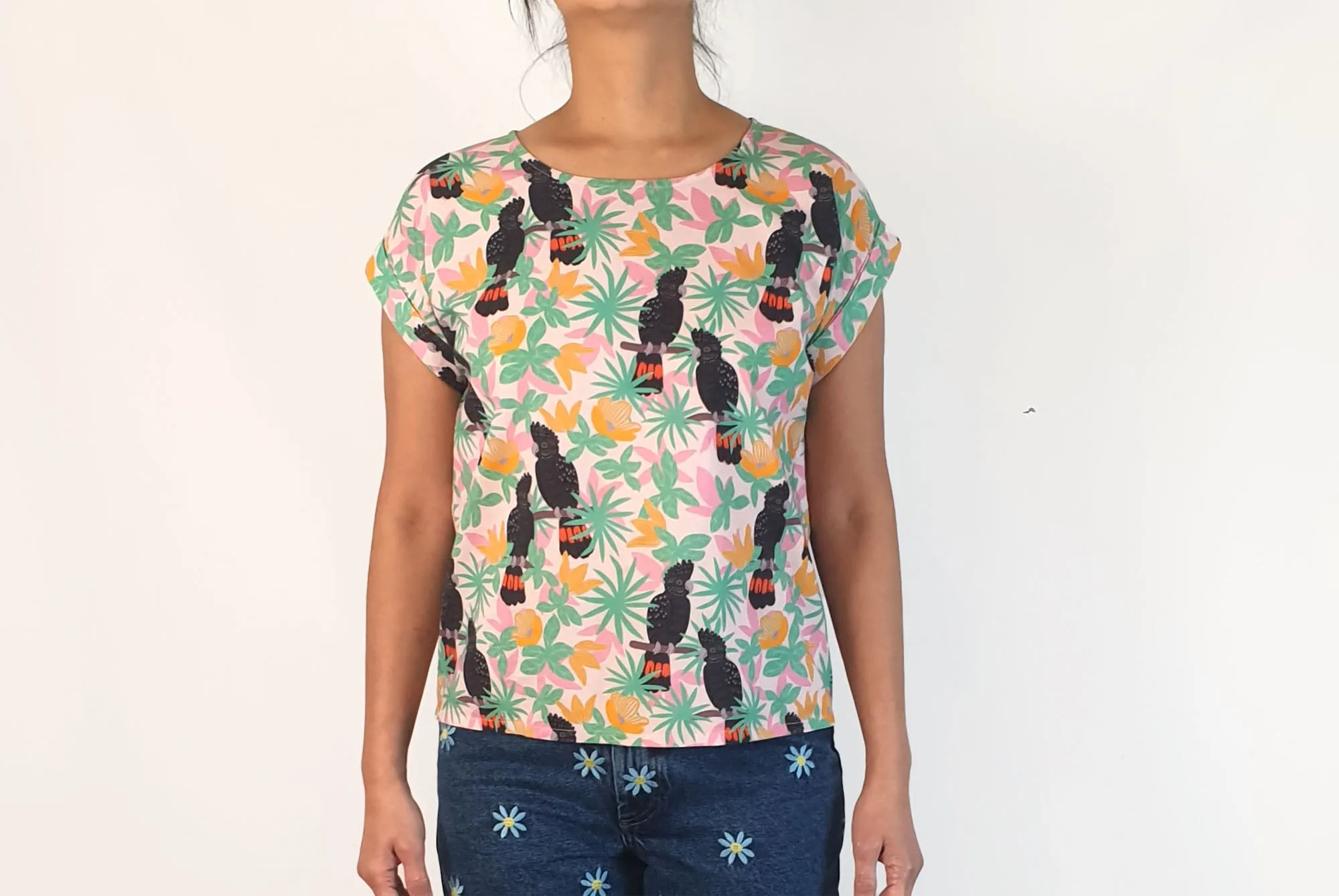 Monstreathreads black cockatoo print top size S