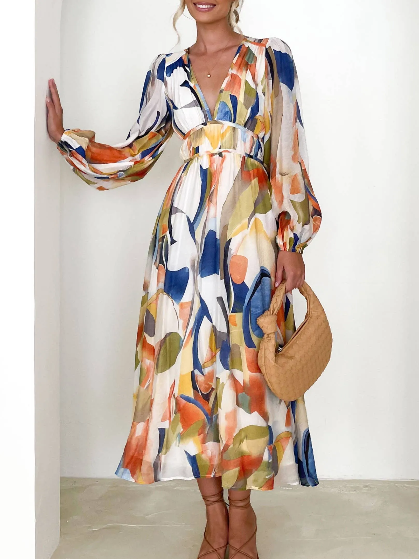 Mottled Floral Balloon Sleeve Maxi Dress: Blue / S