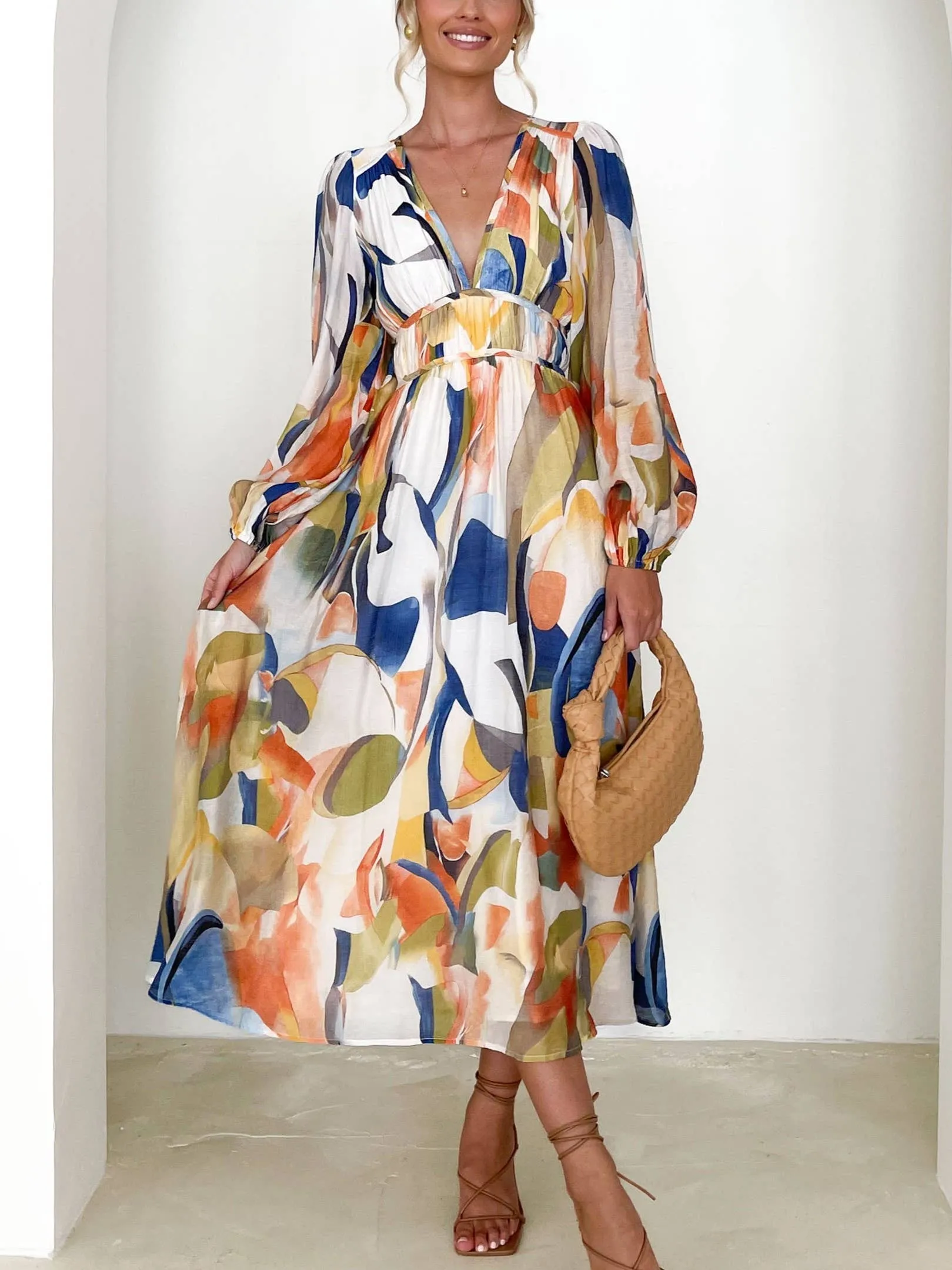 Mottled Floral Balloon Sleeve Maxi Dress: Blue / S