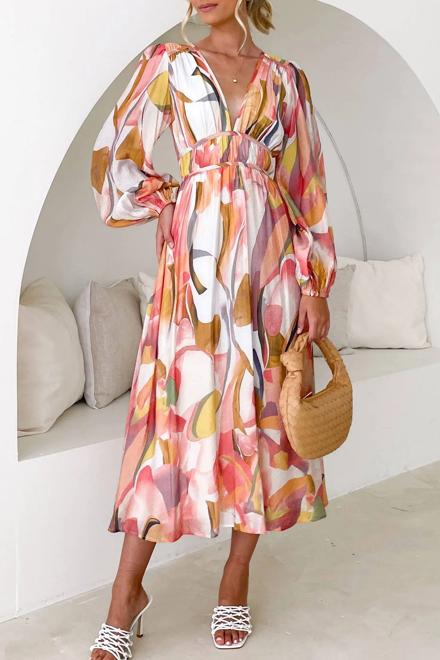 Mottled Floral Balloon Sleeve Maxi Dress: Blue / S
