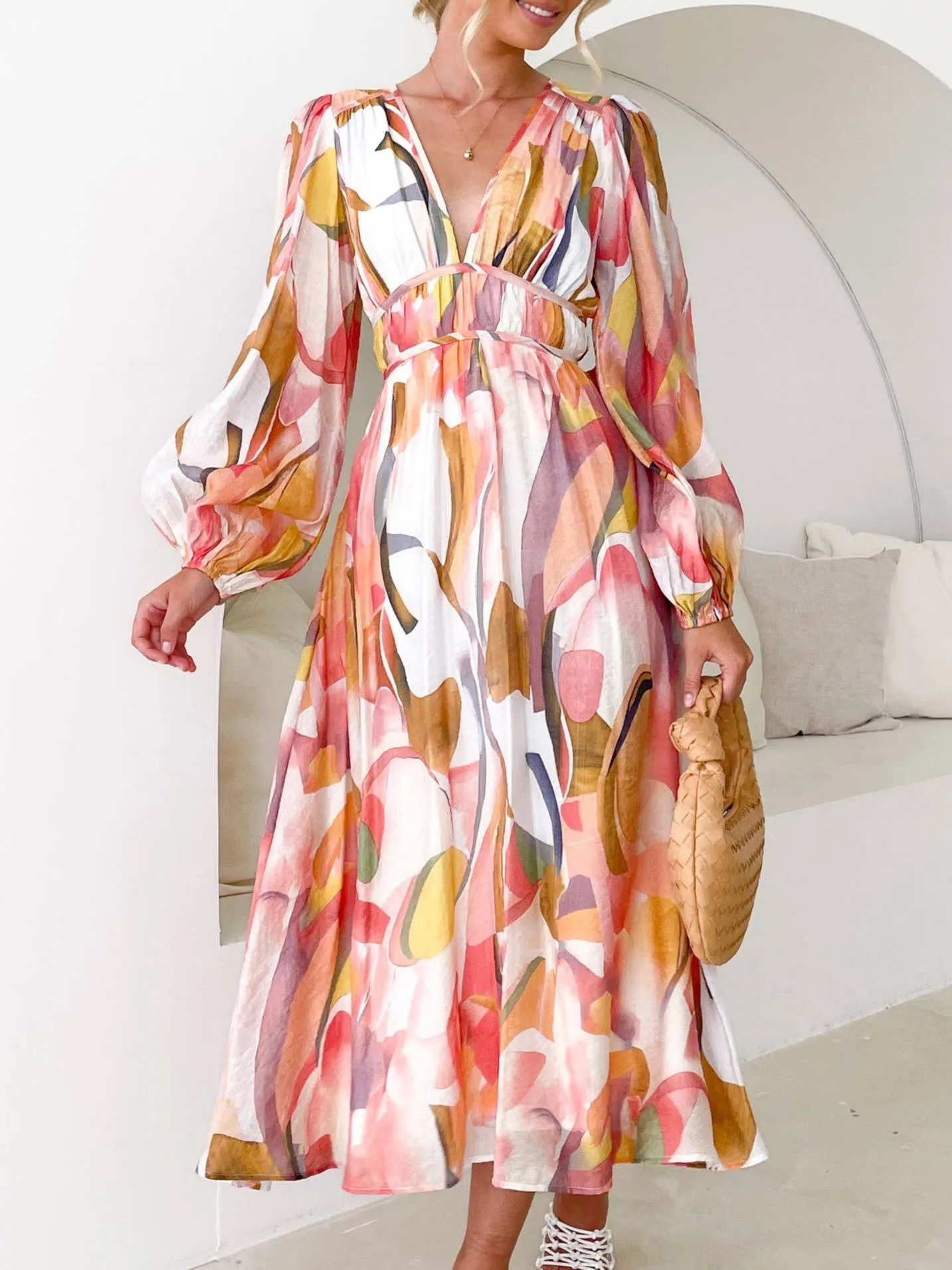 Mottled Floral Balloon Sleeve Maxi Dress: Blue / S