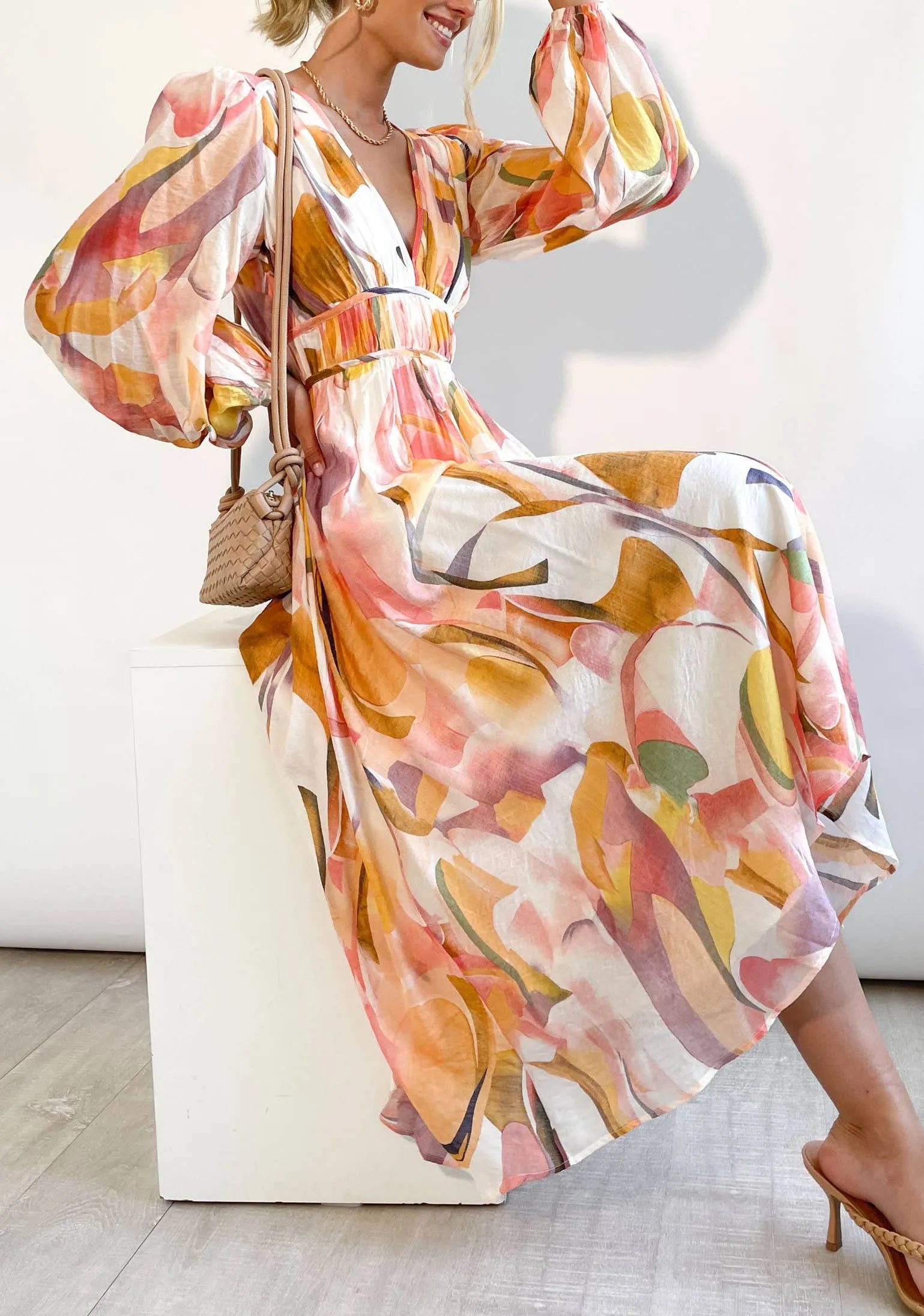 Mottled Floral Balloon Sleeve Maxi Dress: Blue / S