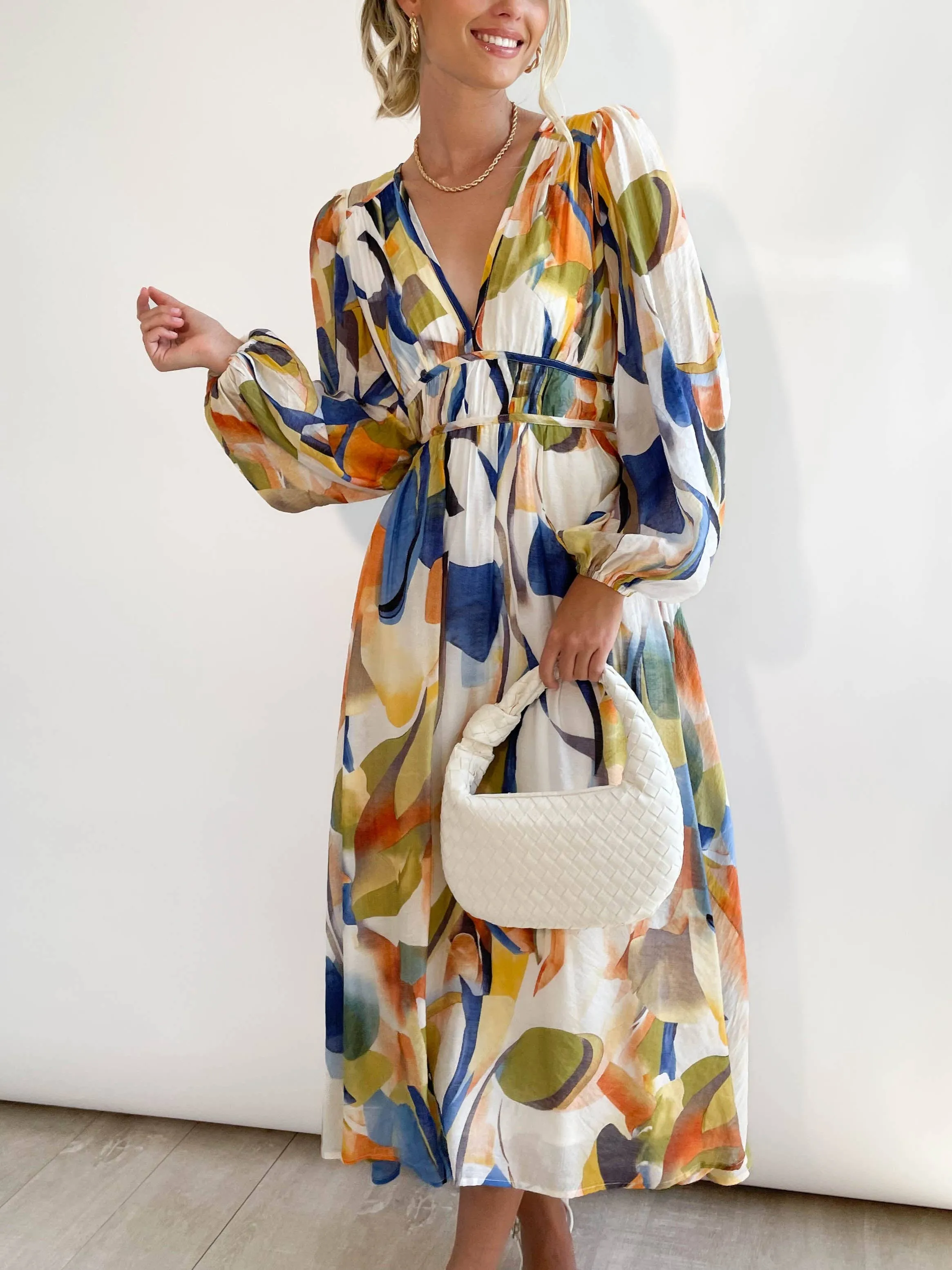 Mottled Floral Balloon Sleeve Maxi Dress: Blue / S