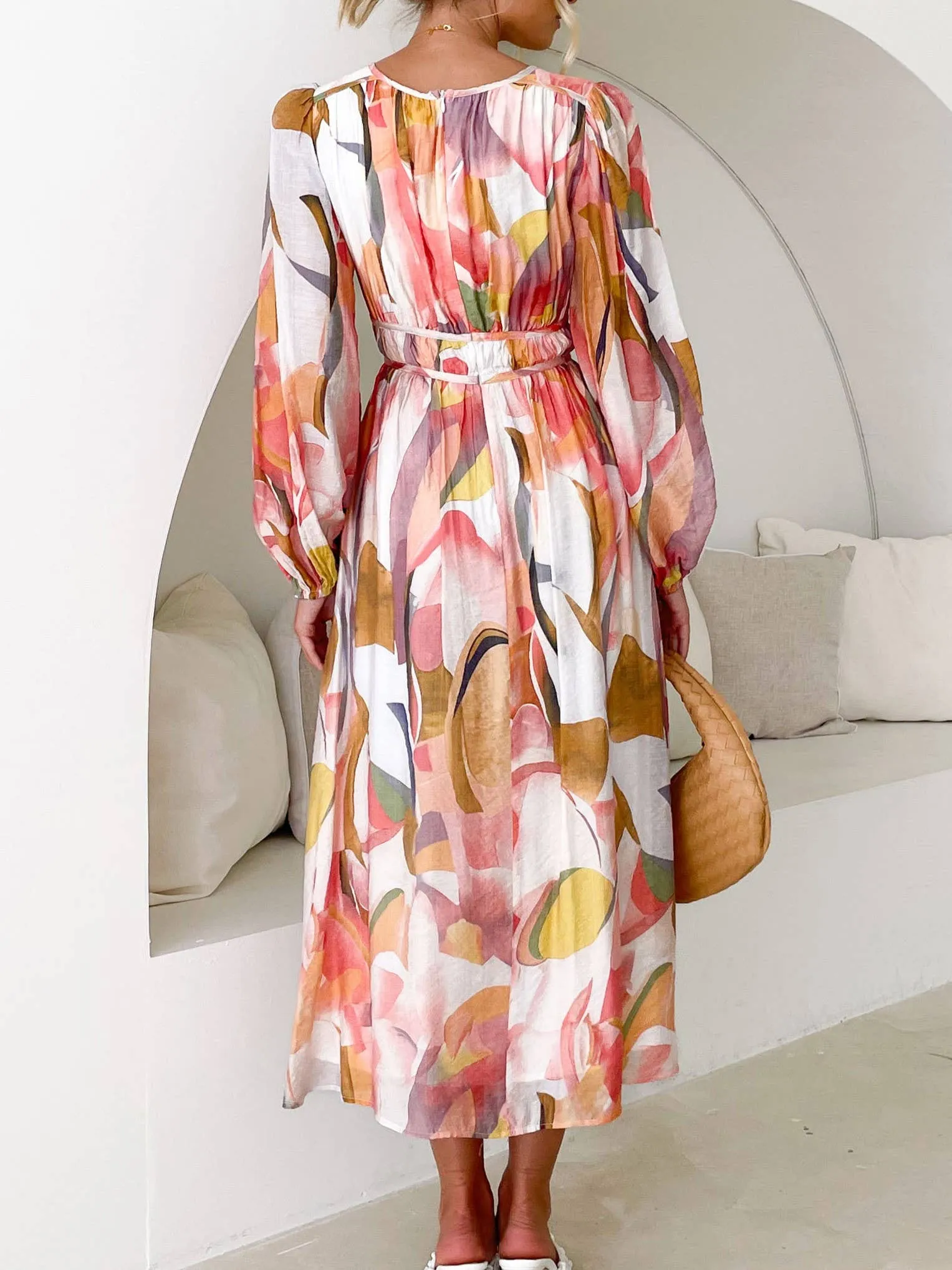 Mottled Floral Balloon Sleeve Maxi Dress: Blue / S