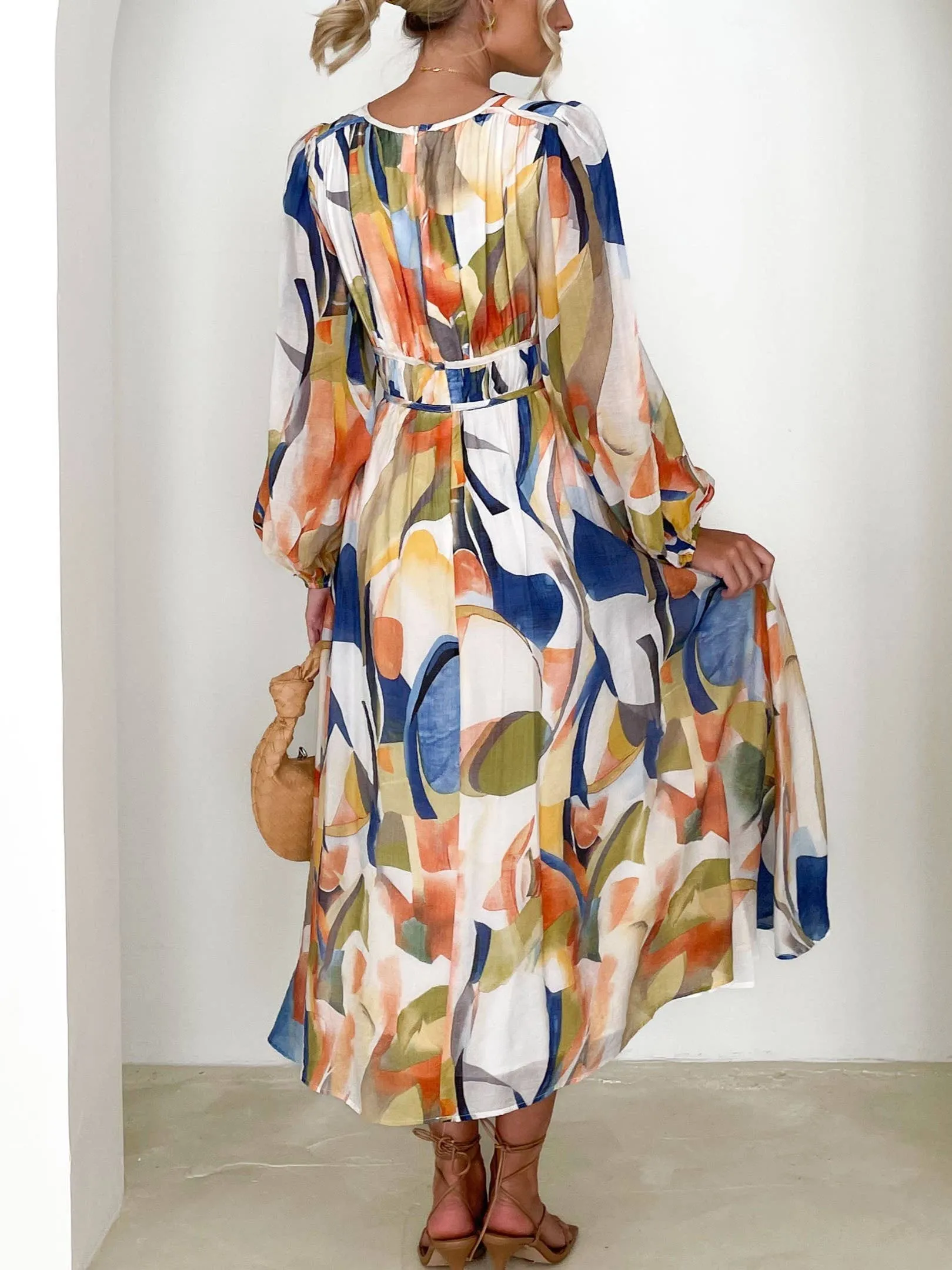 Mottled Floral Balloon Sleeve Maxi Dress: Blue / S