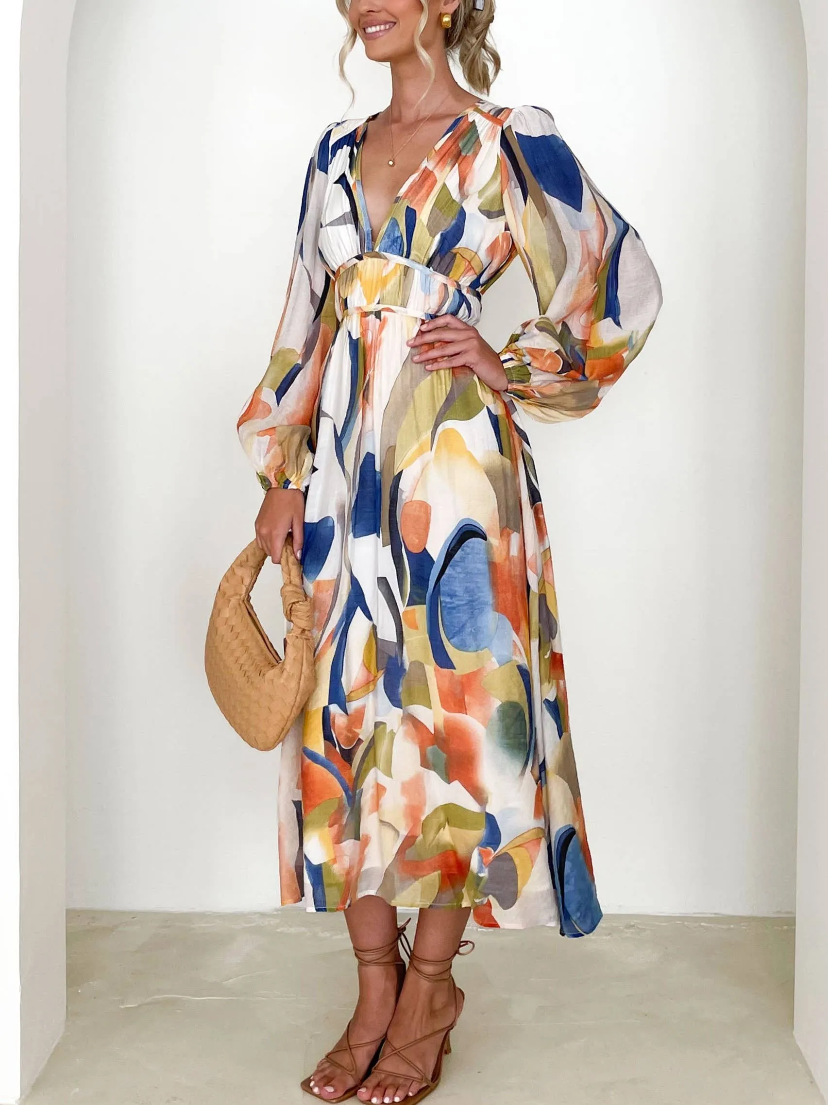 Mottled Floral Balloon Sleeve Maxi Dress: Blue / S