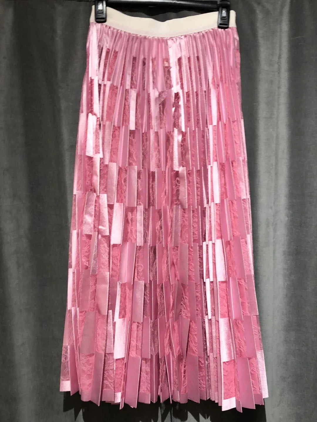 MSGM Light Pink Silk and LAce Checkerboard Pleated Maxi Skirt