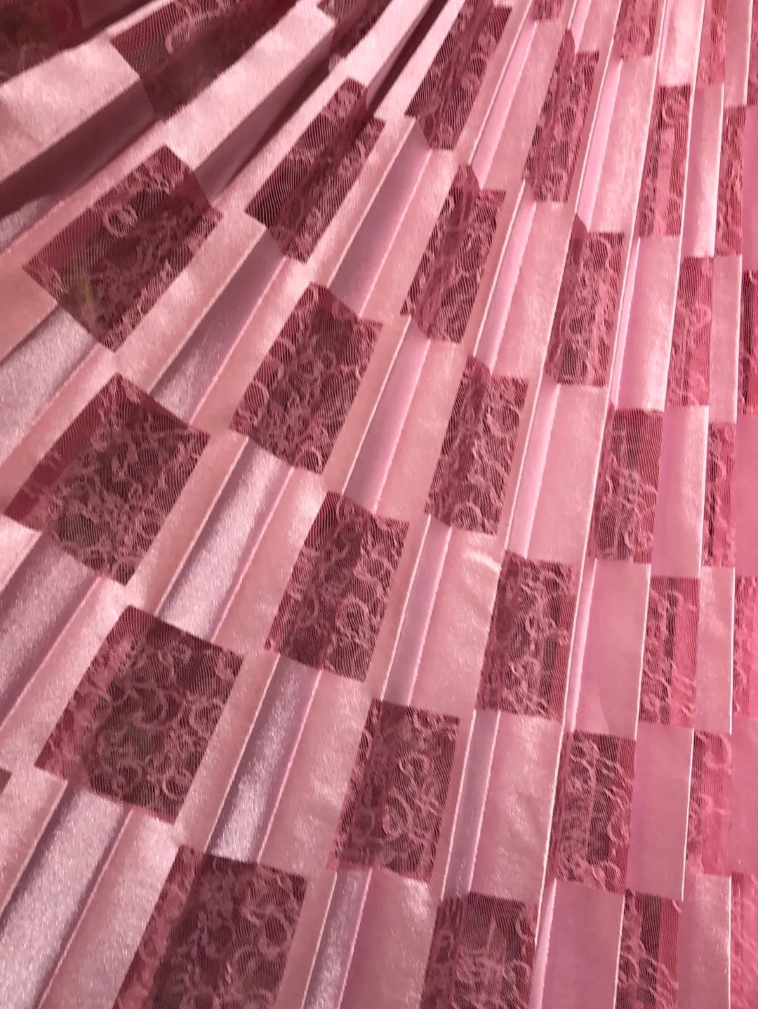 MSGM Light Pink Silk and LAce Checkerboard Pleated Maxi Skirt