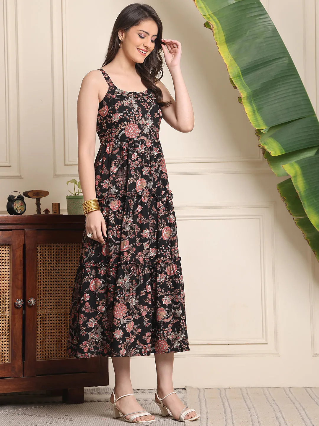 Multi Colour Floral Printed Viscose Rayon Dress For Women