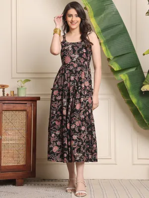 Multi Colour Floral Printed Viscose Rayon Dress For Women