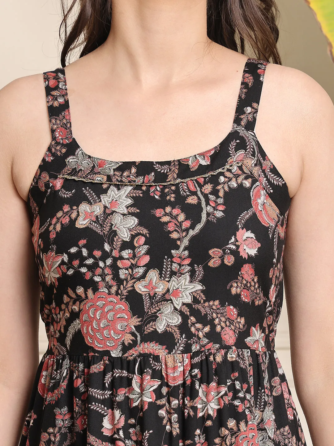Multi Colour Floral Printed Viscose Rayon Dress For Women