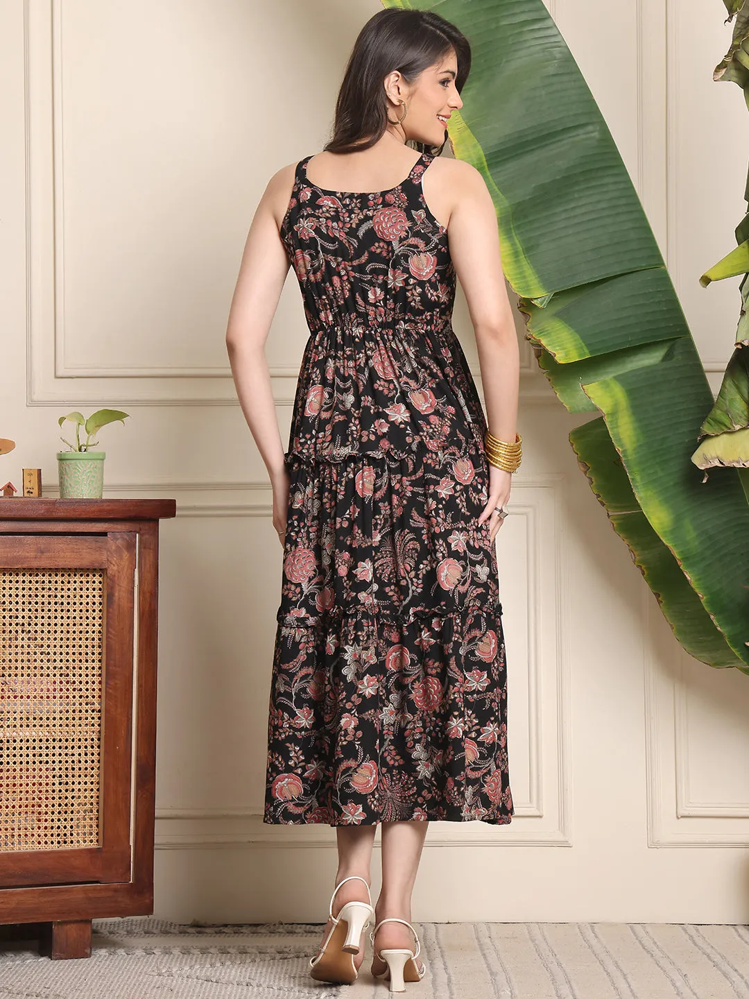 Multi Colour Floral Printed Viscose Rayon Dress For Women
