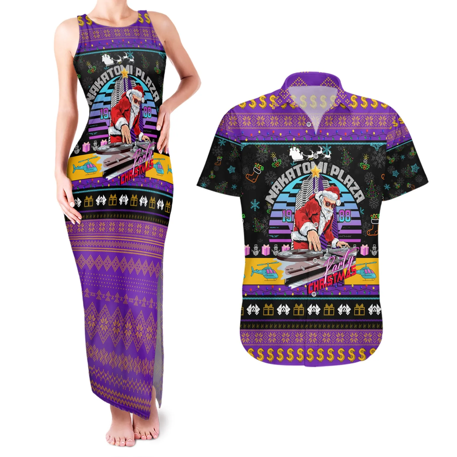 Nakatomi Plaza Christmas Party 1988 Couples Matching Tank Maxi Dress and Hawaiian Shirt DJ Satan Claus DT02