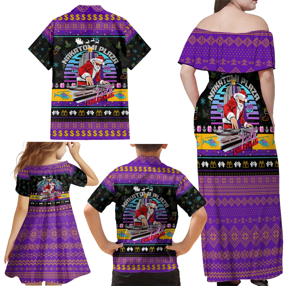 Nakatomi Plaza Christmas Party 1988 Family Matching Off Shoulder Maxi Dress and Hawaiian Shirt DJ Satan Claus DT02