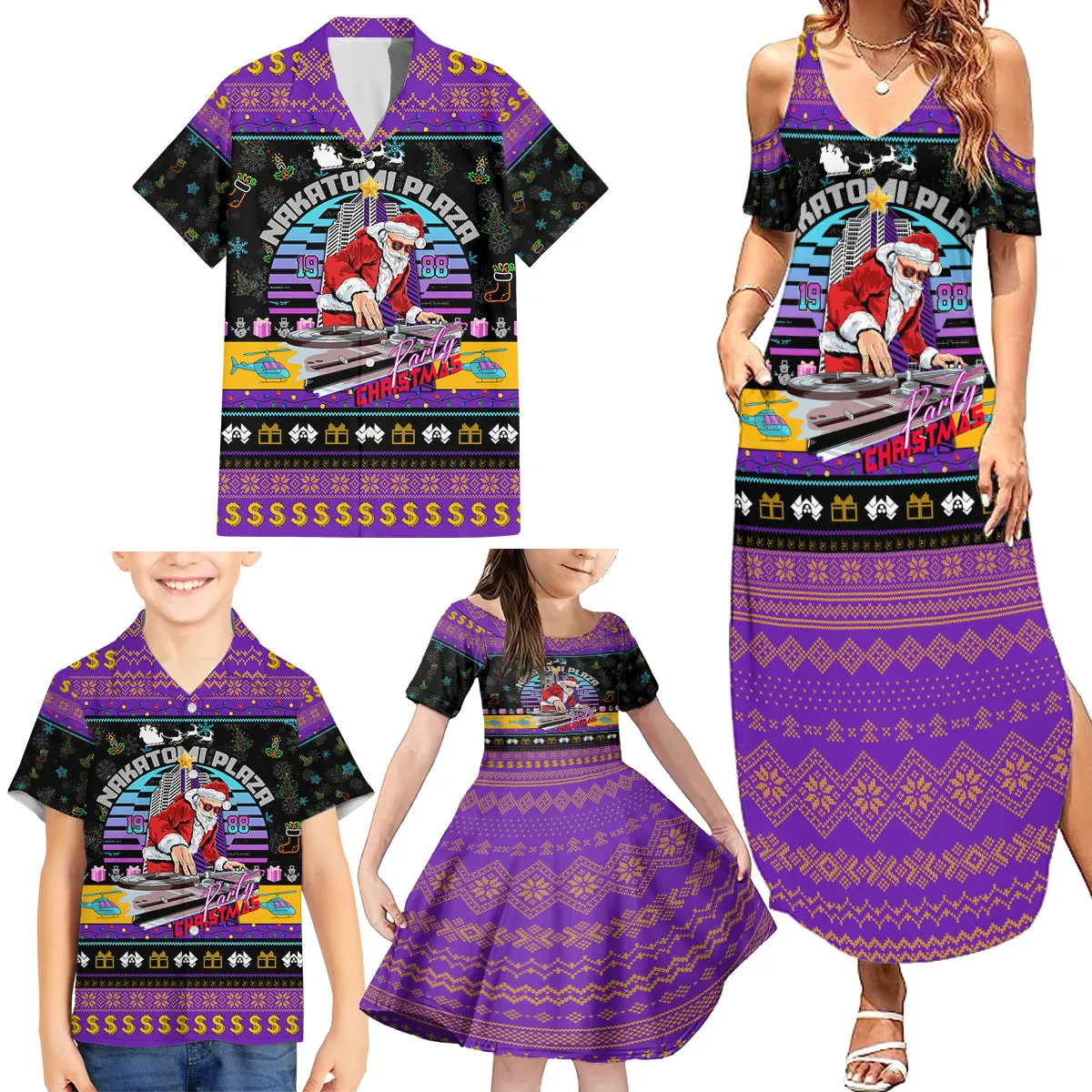 Nakatomi Plaza Christmas Party 1988 Family Matching Summer Maxi Dress and Hawaiian Shirt DJ Satan Claus DT02