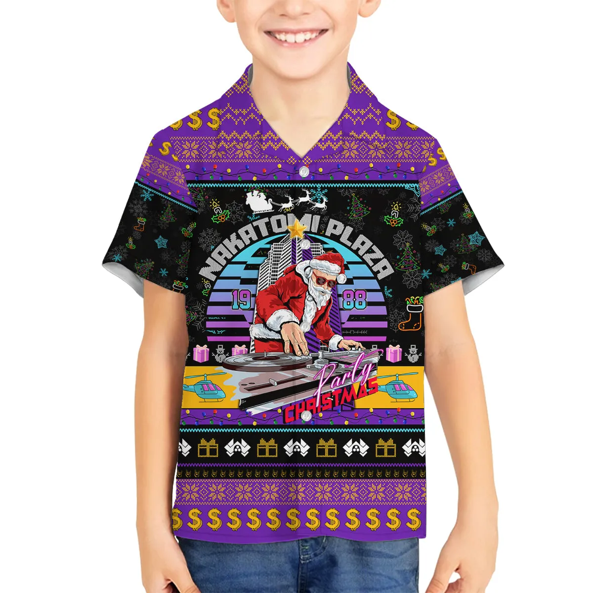 Nakatomi Plaza Christmas Party 1988 Family Matching Summer Maxi Dress and Hawaiian Shirt DJ Satan Claus DT02