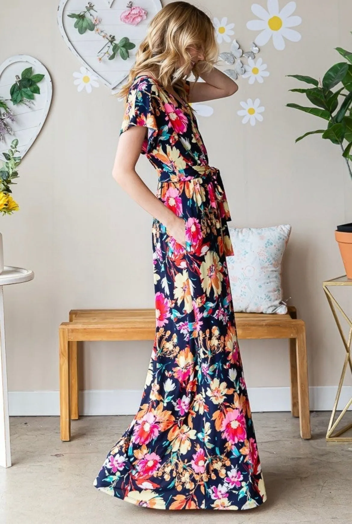 Navy Floral Belted Maxi