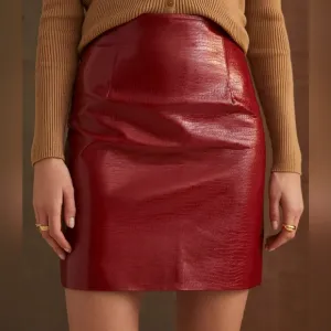 NEW Anthropologie Porridge Red Croc Embossed Faux Patent Leather Pencil Skirt XL