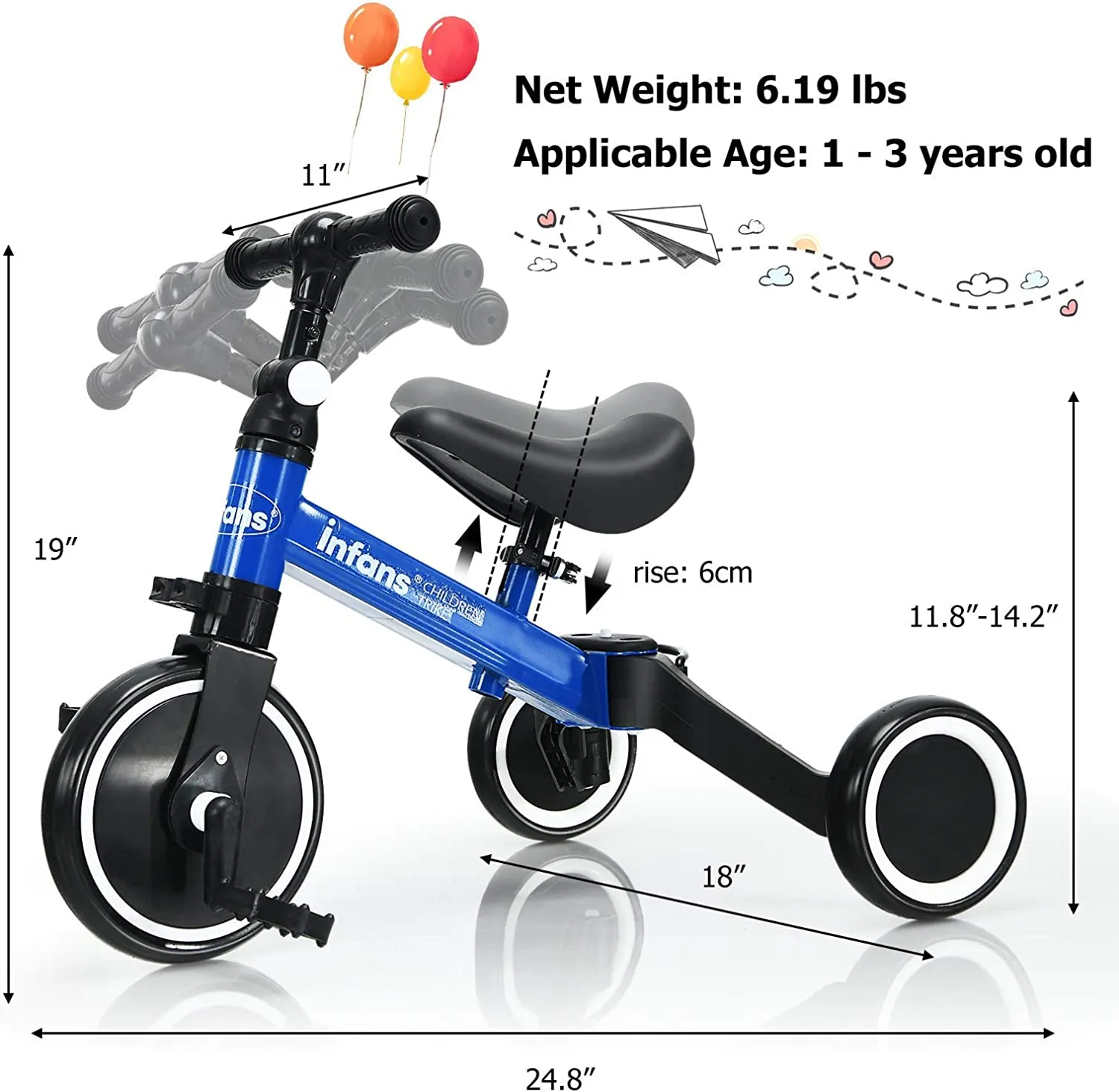 New assembled INFANS 3 in 1 Kids Tricycles for 1-3 Years Old, Toddler Bike 3 Wheel for Boys Girls, Lightweight Baby Balance Bike 2 Wheel, Adjustable Seat & Handlebar, Training Kids Trike w/Removable Pedal (Blue) Retails $110 